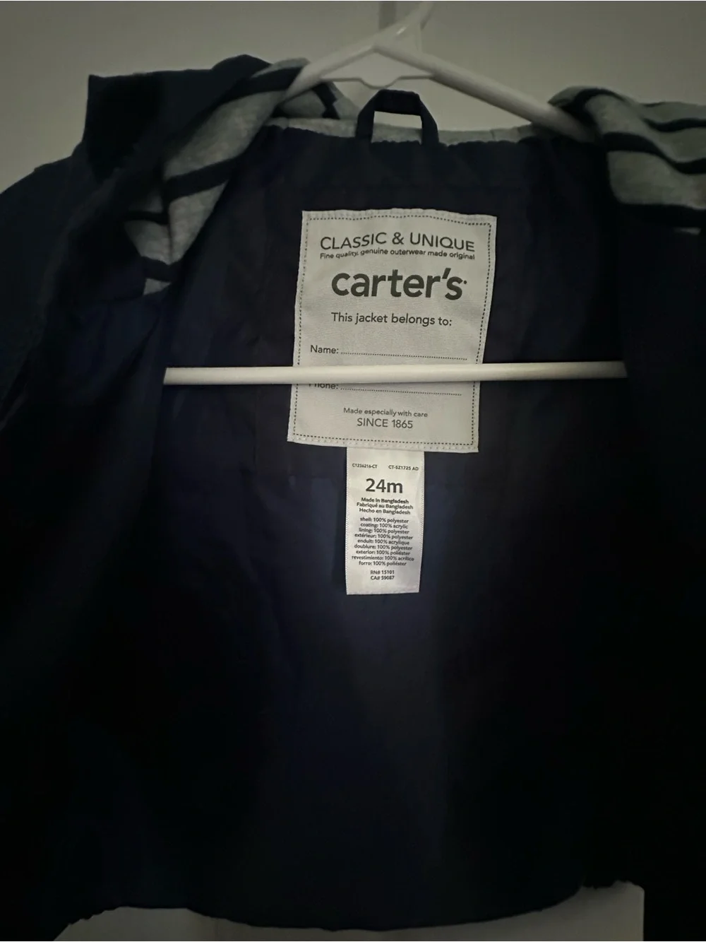 Carter's Navy Hooded Rain Jacket with Blue Zipper Pull